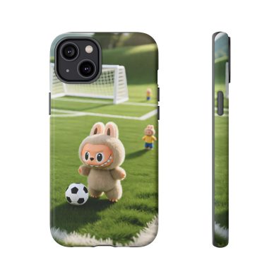 A colorful phone case featuring a playful bunny holding a soccer ball, designed for kids and sports enthusiasts