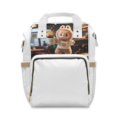 Labubu coffee spill diaper backpack in use by a parent carrying baby essentials