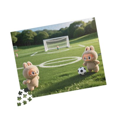 A colorful jigsaw puzzle featuring cute animal characters playing soccer, designed for children