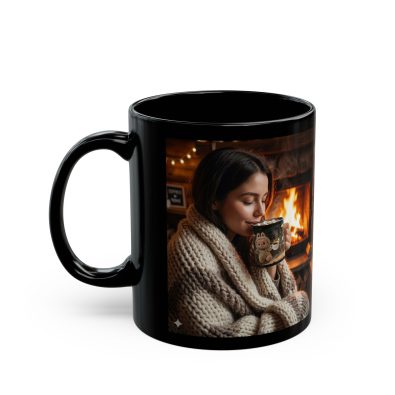A black ceramic mug featuring a festive bonfire lady illustration, perfect for hot cocoa during the holiday season