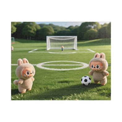 A colorful jigsaw puzzle featuring adorable animal characters playing soccer, designed for children
