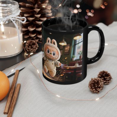 Black ceramic mug with vibrant Labubu café scene illustration