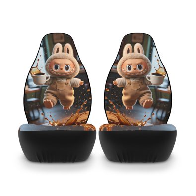 Front seat of a car covered with Labubu coffee‑printed polyester seat covers, showcasing a stylish and protective design