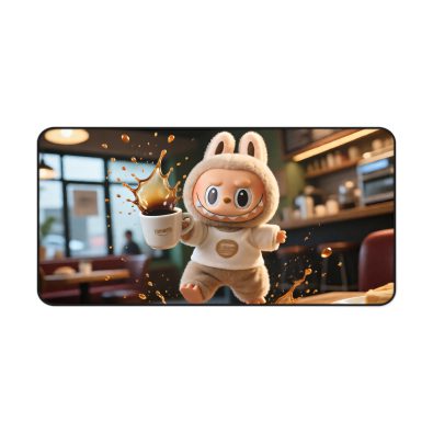 Large anti‑slip desk mat featuring a humorous spilled coffee design with the word ‘Labubu’ and cartoon cat illustration, perfect for office decor