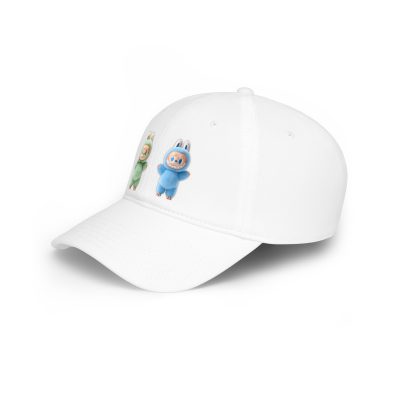Blue and green Labubu plush baseball cap featuring two cartoon characters on the front