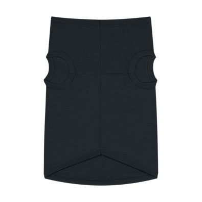 A playful dog wearing a surfing bunny tank top featuring a colorful surfboard design