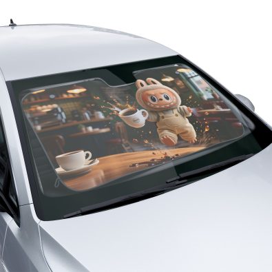 A car windshield covered by a bright yellow sun shade featuring a cartoon coffee cup spilling onto the glass