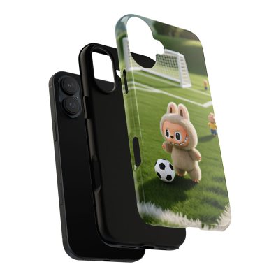 A colorful phone case featuring a playful bunny holding a soccer ball, designed for kids and sports enthusiasts