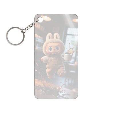 Acrylic keychain featuring a humorous spilled coffee design by Labubu