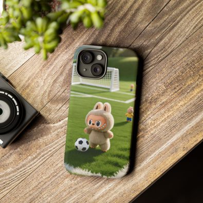 A colorful phone case featuring a playful bunny holding a soccer ball, designed for kids and sports enthusiasts