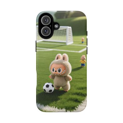 A colorful phone case featuring a playful bunny holding a soccer ball, designed for children