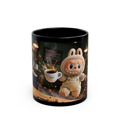 Black ceramic mug with a vibrant café scene illustration, featuring coffee cups and latte art, perfect for energizing your morning