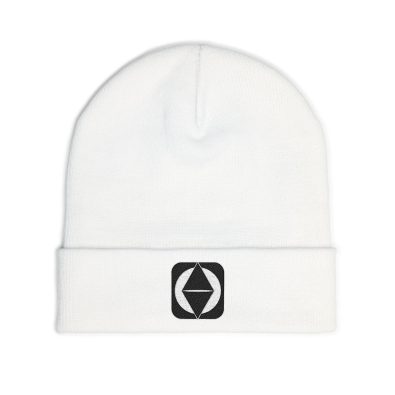 A sleek knit beanie featuring a subtle embroidered geo icon logo on the front, perfect for winter style.