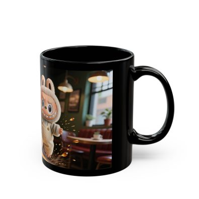 Black ceramic mug with vibrant Labubu café scene illustration