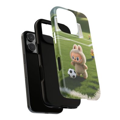 A colorful phone case featuring a playful bunny holding a soccer ball, designed for kids and sports enthusiasts