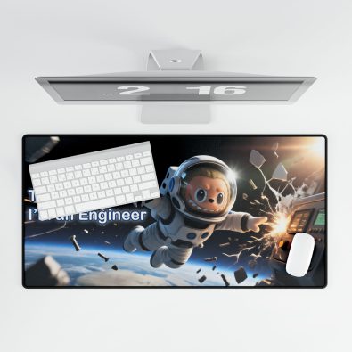 A large space-themed desk mat featuring a stylized galaxy background and the phrase 'Trust Me I Am an Engineer' in bold lettering