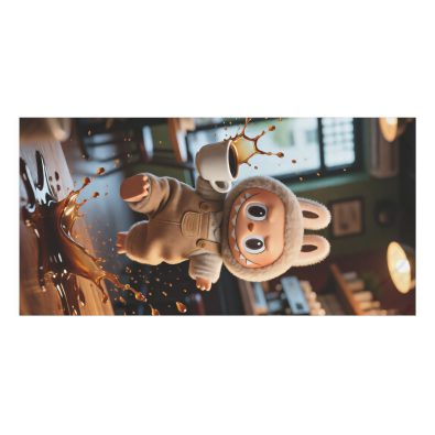Plush Labubu character beach towel featuring a humorous spilled coffee scene