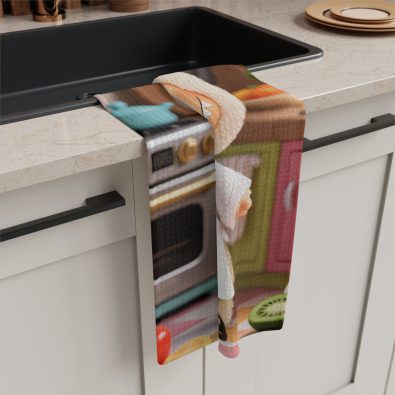 Labubu microfiber tea towel featuring a cute Ched character design in pastel colors