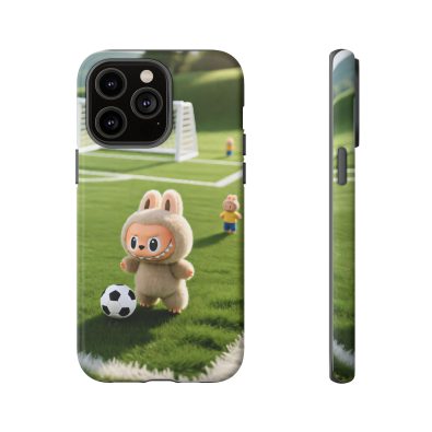 A colorful phone case featuring a playful bunny holding a soccer ball, designed for kids and sports enthusiasts