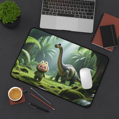 A vibrant dinosaur-themed desk mat featuring a green football field design with a cartoon dinosaur in the center, perfect for kids and fans