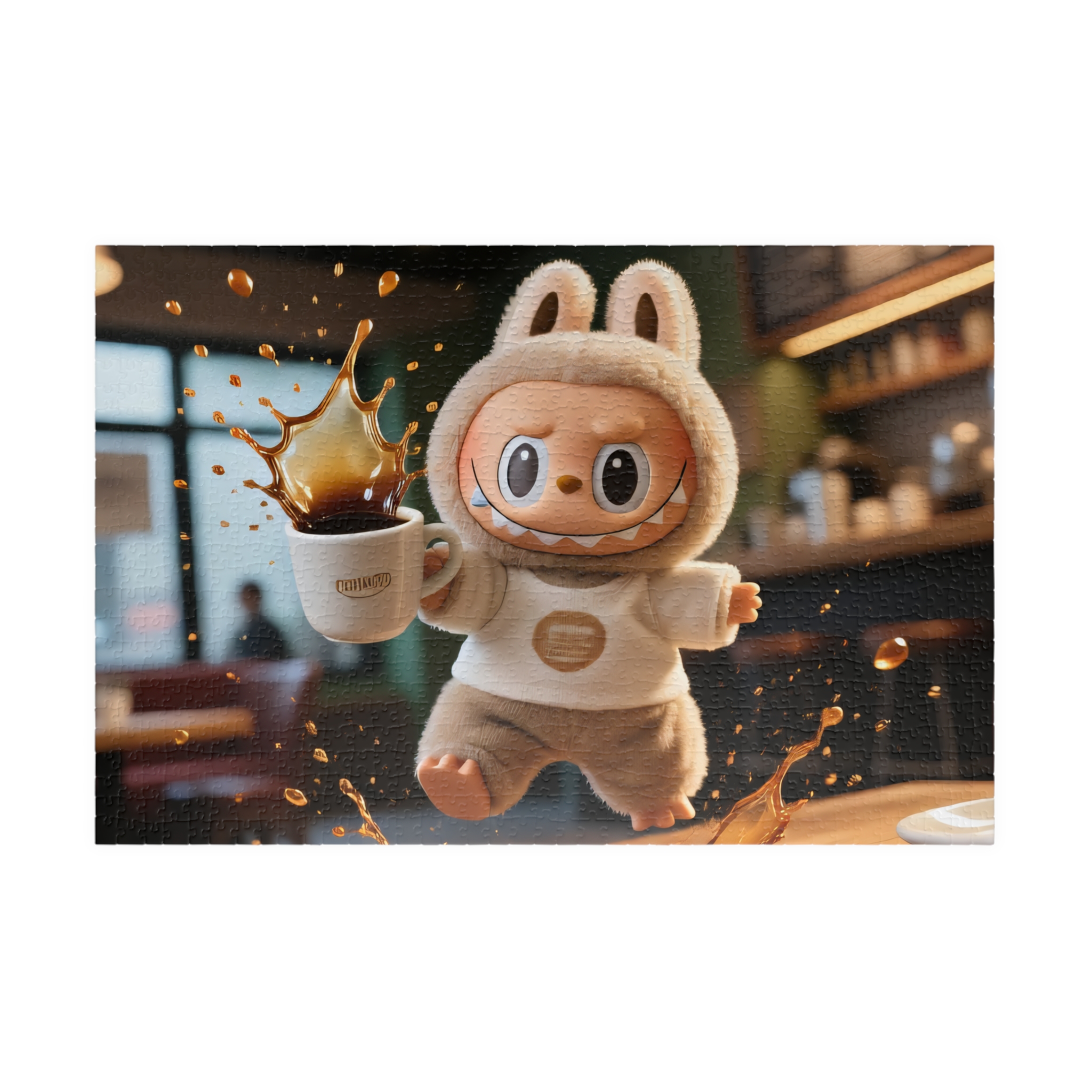 Labubu "Coffee Disaster" Jigsaw Puzzle – Funny Spilled Coffee Labubu Design – Relatable Art Puzzle (110, 252, 520, 1014 pcs) A jigsaw puzzle featuring a humorous spilled coffee scene with the Labubu logo and playful design elements
