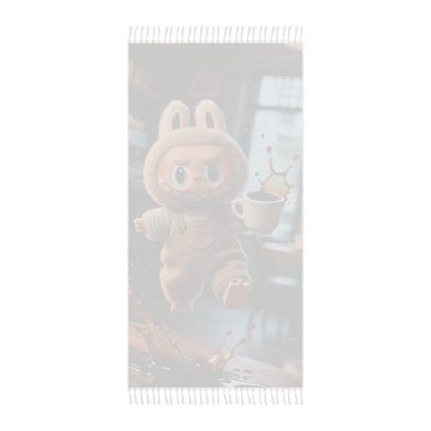 A colorful bohemian beach cloth featuring a playful coffee spill character and tassel accents, perfect for travel or home décor