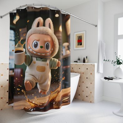 A shower curtain featuring a humorous coffee spill scene from a café, printed in bright colors and playful illustration style.