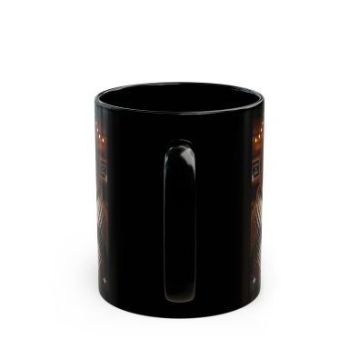 A black ceramic mug featuring a festive bonfire lady illustration, perfect for hot cocoa during the holidays.