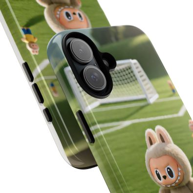 A colorful phone case featuring a playful bunny holding a soccer ball, designed for kids and sports enthusiasts