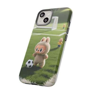 A colorful phone case featuring a playful bunny holding a soccer ball, designed for kids and sports enthusiasts