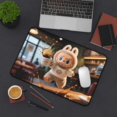 Large anti-slip mousepad featuring a humorous spilled coffee design with the word Labubu