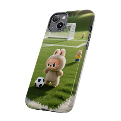A colorful phone case featuring a playful bunny holding a soccer ball, designed for kids and sports enthusiasts