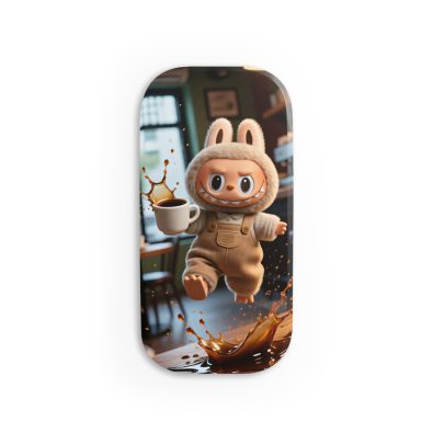 A quirky phone grip that looks like a clumsy monster holding a coffee cup, with a click-on kickstand feature