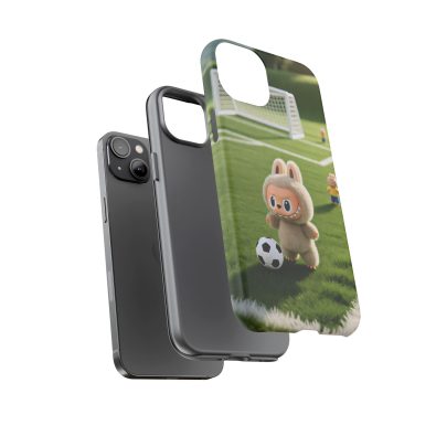A colorful phone case featuring a playful bunny holding a soccer ball, designed for kids and sports enthusiasts