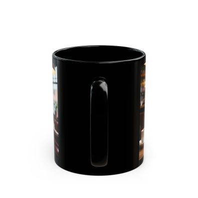Black ceramic mug with vibrant Labubu café scene illustration