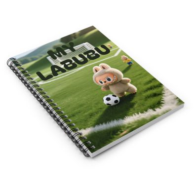 A spiral-bound notebook featuring a soccer-themed cover with children playing on a field and the title 'Labubu Playing Soccer' in bold lettering.