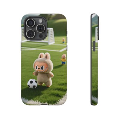 A colorful phone case featuring a playful bunny holding a soccer ball, designed for kids and sports enthusiasts
