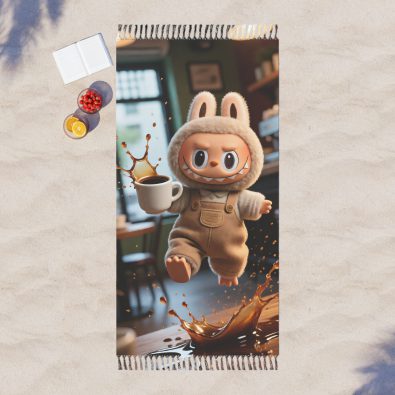 A colorful bohemian beach cloth featuring a playful coffee spill character and tassel accents, perfect for travel or home décor