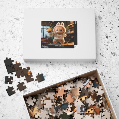 A jigsaw puzzle featuring a humorous spilled coffee scene with the Labubu logo and playful design elements