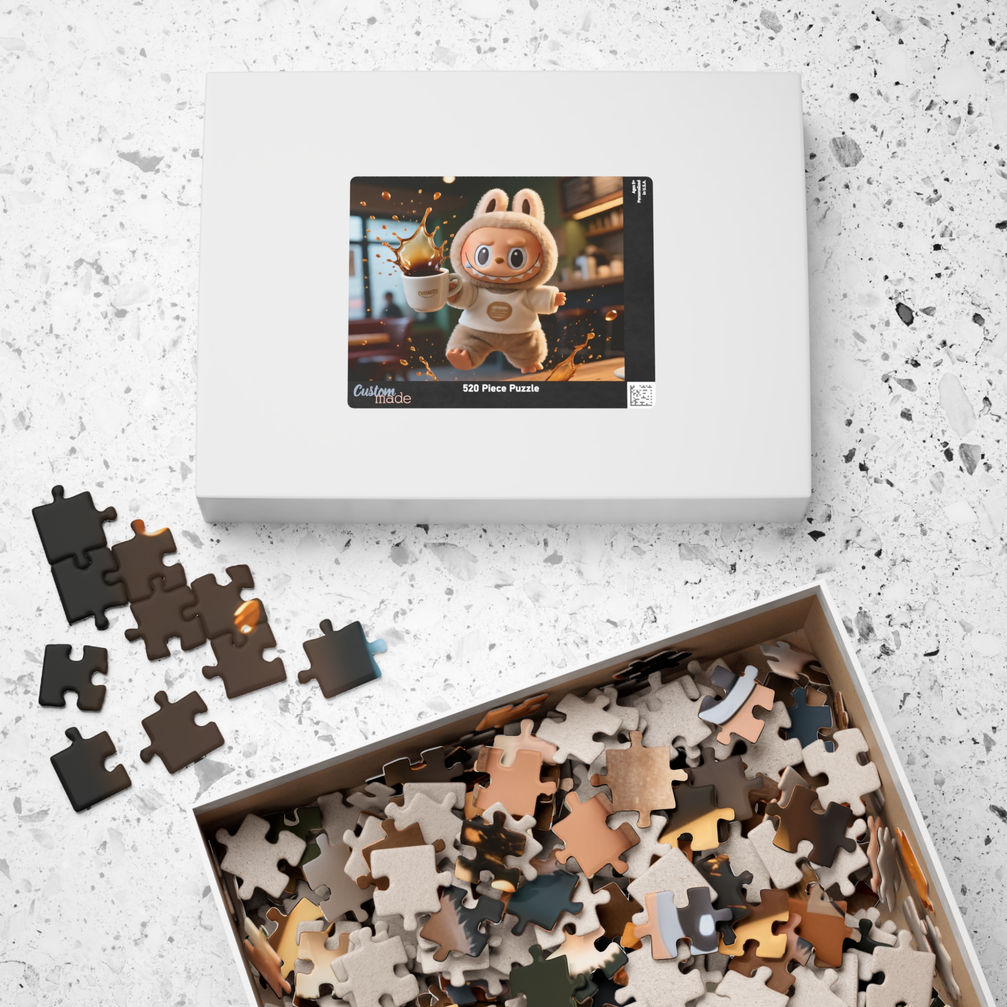 Labubu "Coffee Disaster" Jigsaw Puzzle – Funny Spilled Coffee Labubu Design – Relatable Art Puzzle (110, 252, 520, 1014 pcs) A jigsaw puzzle featuring a humorous spilled coffee scene with the Labubu logo and playful design elements