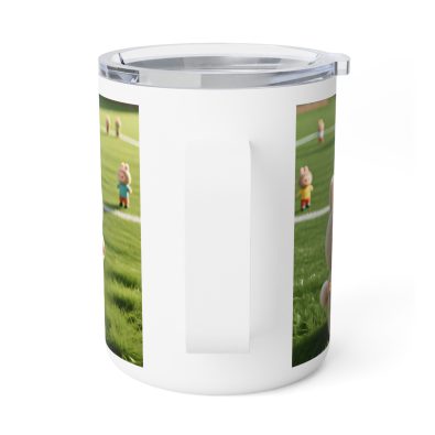A 10-ounce insulated coffee mug featuring a playful goalkeeper cartoon on a soccer field background