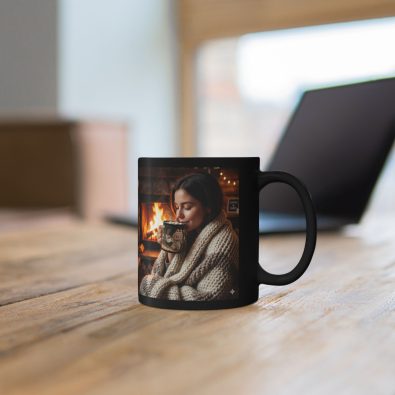 Black mug featuring a festive bonfire lady illustration for hot cocoa
