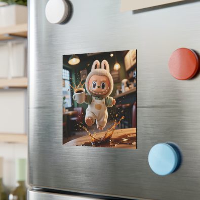 A square magnet featuring a clumsy monster holding a coffee cup, designed for fridge decoration