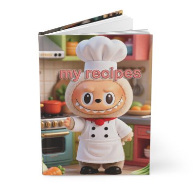 A hardcover kitchen recipe notebook featuring a charming chef illustration and vibrant colors