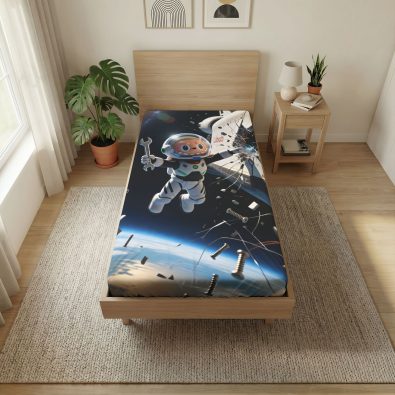 Fitted bed sheet featuring a space shuttle design in a galaxy repair theme, suitable for a bedroom or nursery
