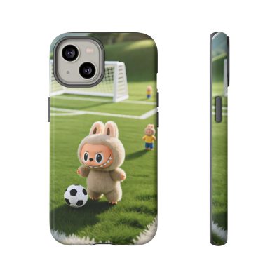 A colorful phone case featuring a playful bunny holding a soccer ball, designed for kids and sports enthusiasts