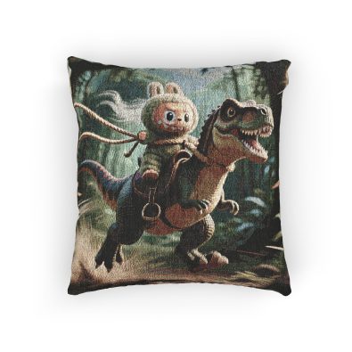 Woven dinosaur pillow in jungle pattern