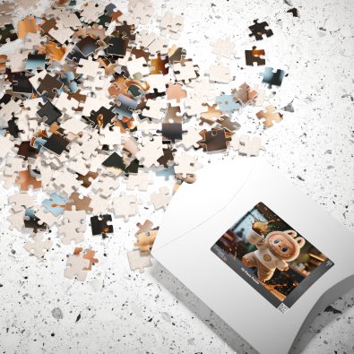 A jigsaw puzzle featuring a humorous spilled coffee scene, showcasing the Labubu design in various piece counts (110, 252, 520, 1014 pcs).