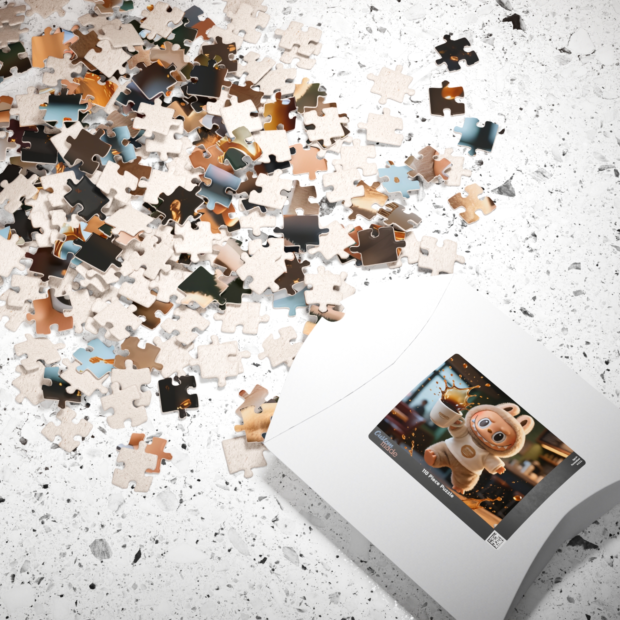 Labubu "Coffee Disaster" Jigsaw Puzzle – Funny Spilled Coffee Design A jigsaw puzzle featuring a humorous spilled coffee scene, showcasing the Labubu design in various piece counts (110, 252, 520, 1014 pcs).