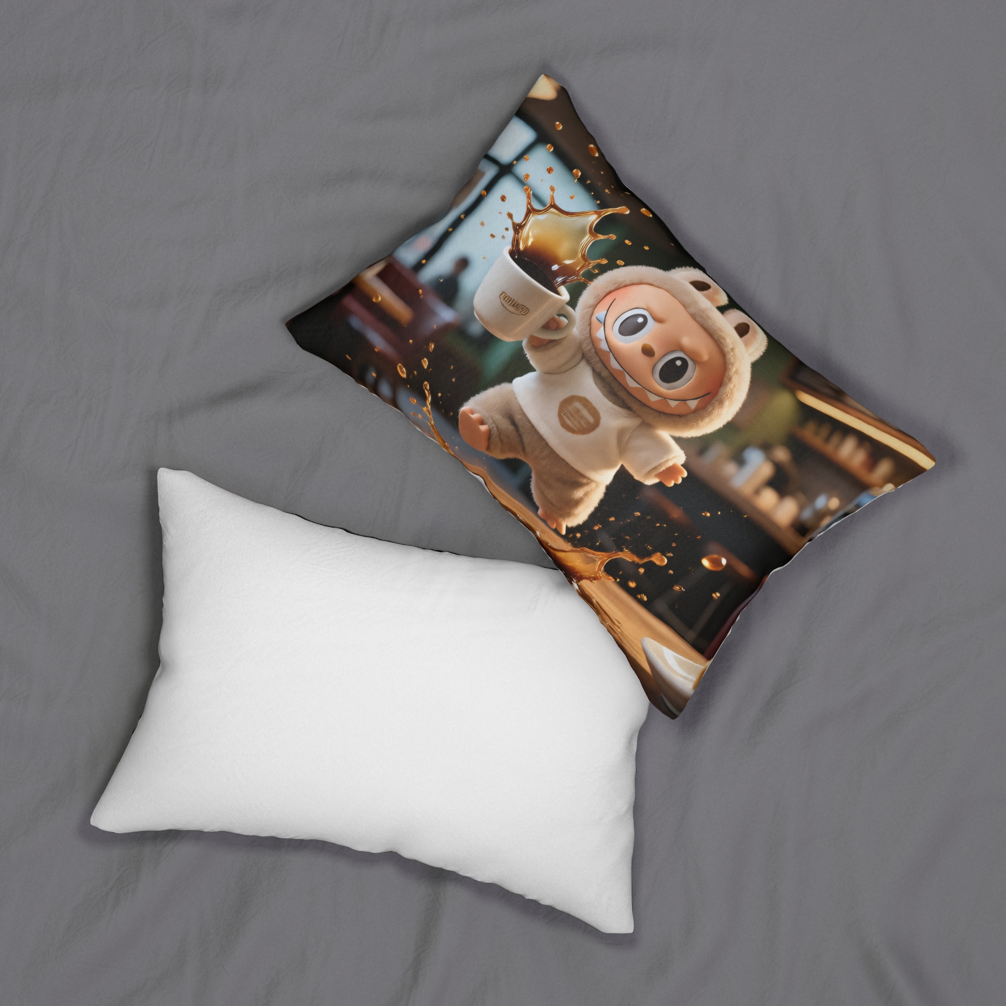 Labubu "Coffee Mishap" Lumbar Pillow – Funny Spilled Coffee Throw Pillow Labubu coffee mishap lumbar pillow in a living room setting